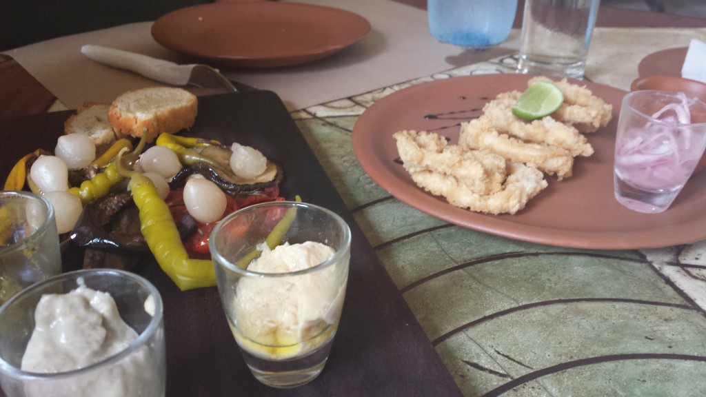 Vegetable platter with hummus, pesto, and baba ghanoush and calamari
