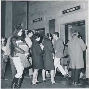 People outside the elevators in the lobby of the Arlington Street building in Park Square. UASC-UAPHO-0001-0096
