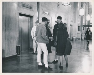 Students outside the elevators at the Arlington Street building in Park Square. UASC-UAPHO-0001-0097