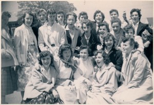 Some of the 1956 graduating girls of St. Columbkille High School. Soon to graduate, we were allowed to go off campus for lunch. This photo was in front of Fitzie's Diner (now Citizen's Bank) in Brighton Center. Contributor: Anne Mahoney.