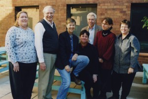 UMass Boston Labor Resource Center staff in 2001. Left to right: Administrative Coordinator Jean Pishkin, CPCS Professor and LRC board member Terry McClarney, Labor Extension Coordinator Tess Ewing, Director Pat Reeve, Program Director James Green, Researcher Deb Osnowitz, and Researcher Mary Jo Connelly.