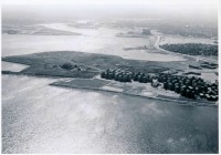 Aerial view of Columbia Point in Dorchester, the Columbia Point Housing Project and the Calf Pasture Pumping Station
