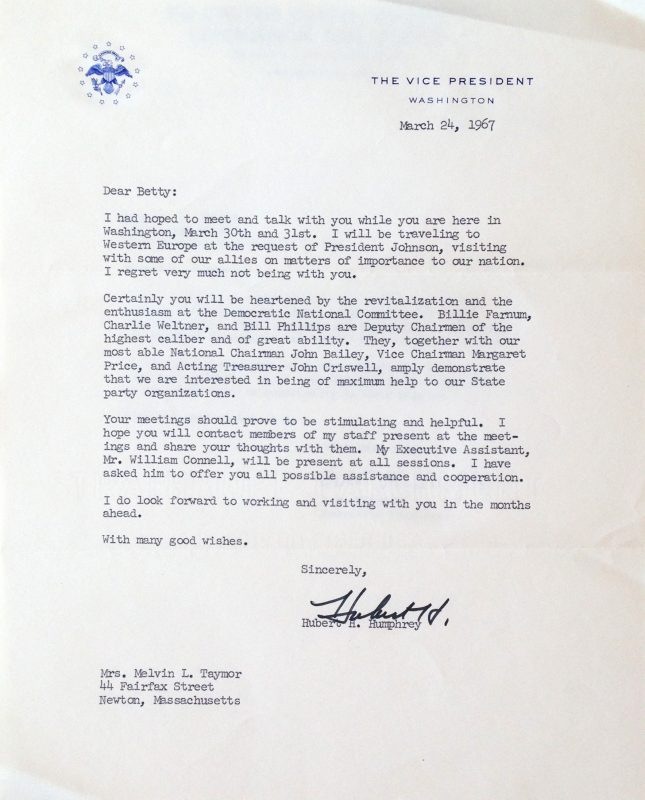 Letter from Hubert H. Humphrey to Betty Taymor, March 24, 1967