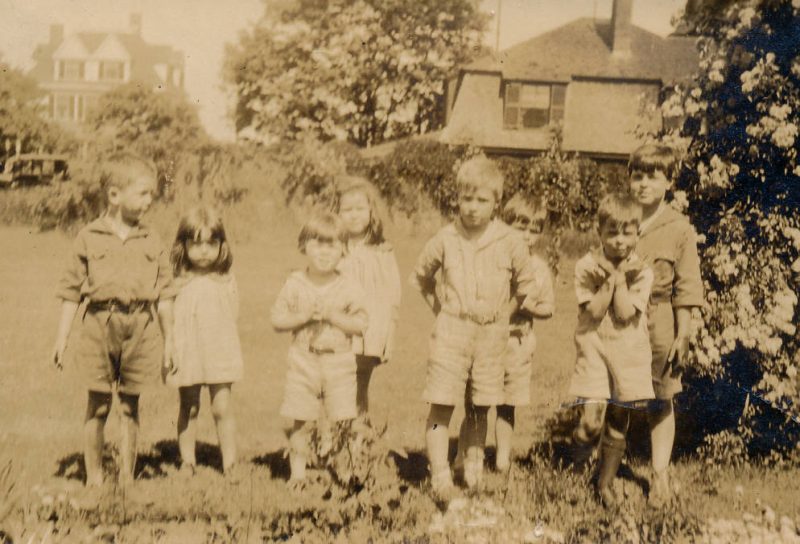 Gathering of summer playmates on grounds of Motley family home. These were my mom's generation of friends. Pictured, from left to right: Herbert Motley, Eleanor Warren Motley, George Richardson, Elizabeth Motley, Pierson Richardson, Elliot Richardson, David Devens, and Pat Devens.
