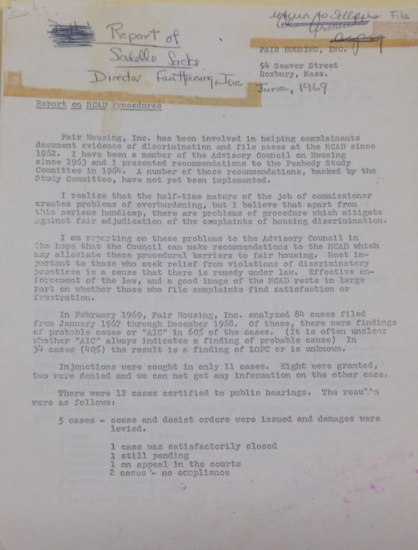 Ma Federation for Fair Housing and Equal Rights: Report on MA Commission Against Discrimination Procedures, 1969 June