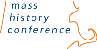 Logo: Mass History Conference in blue text, artistic sketch of Massachusetts outline in orange, white background