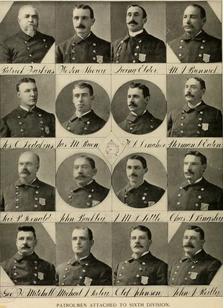 Patrolmen attached to the Sixth Division, 1901 Boston Police Department Yearbook. At least one of these officers, Joseph O. Hodgkins, was a striker.