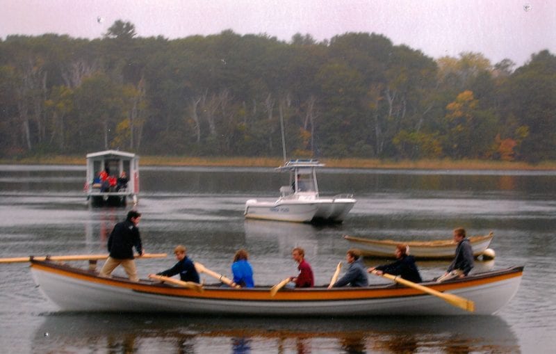 Launching the whale boat at Lowell's Boat Shop built by apprentices