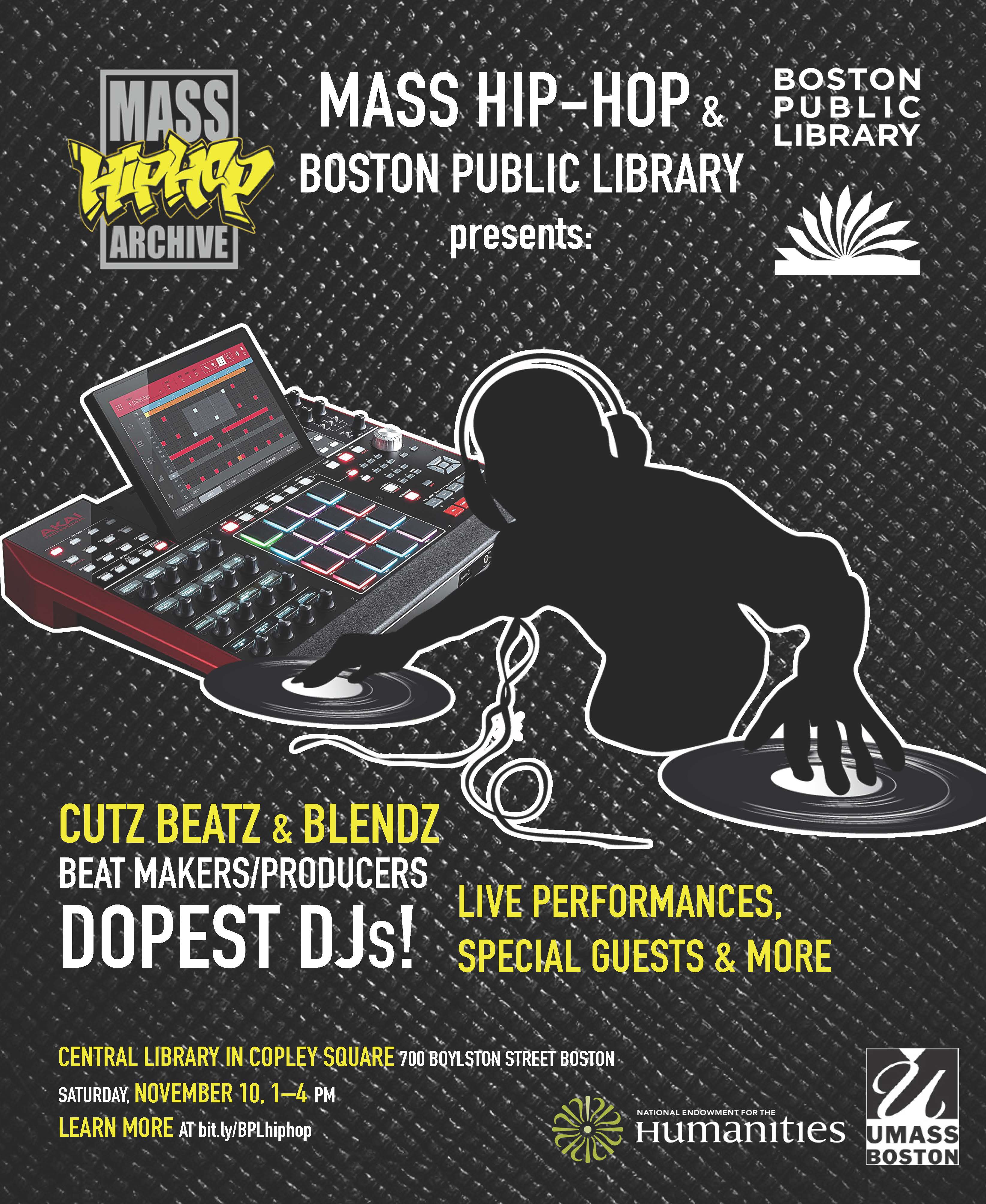 Flyer for hip-hop event at the Boston Public Library, graphic shows outline of DJ as sound board.
