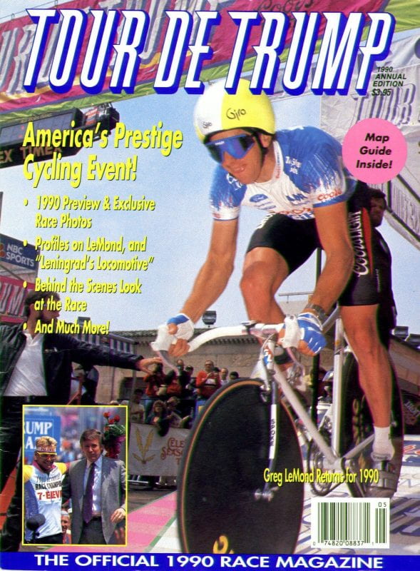 Cover of Tour de Trump magazine. Large photo of cyclist wearing helmet and goggles, small inset photo of Donald Trump with a different cyclist