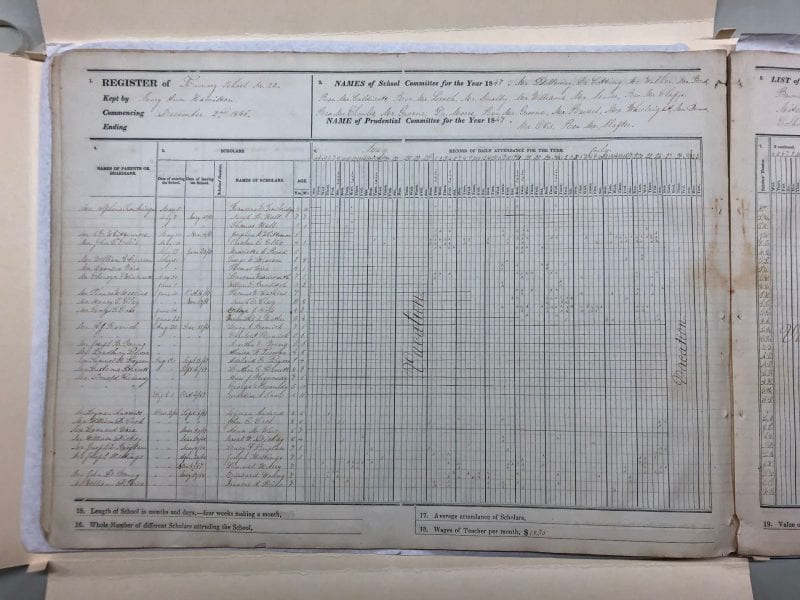 Picture of the Town of Roxbury, MA school register dated 1846-1848