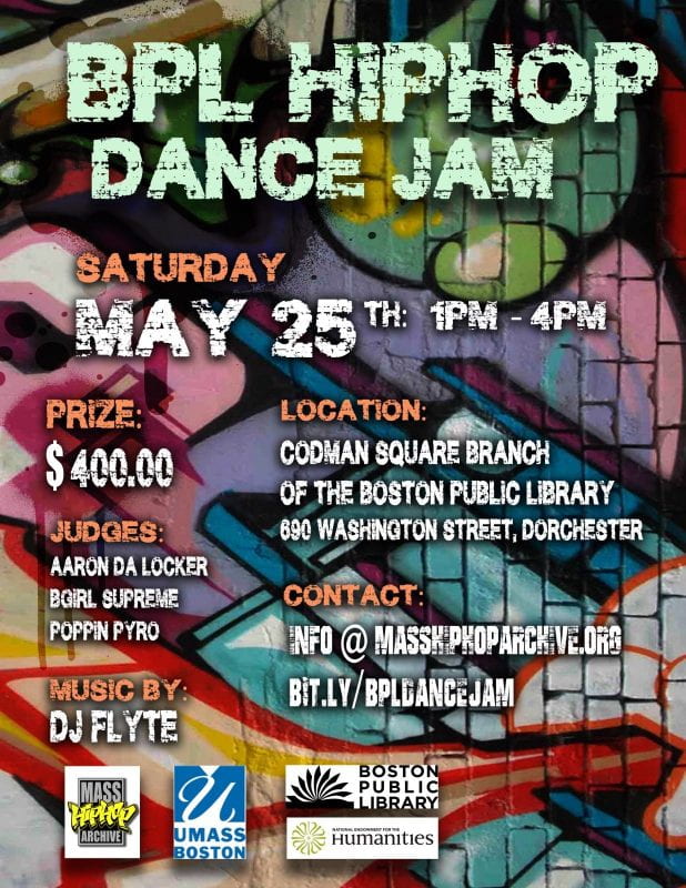 Flyer for BPL HIPHOP DANCE JAM event at the Codman Square branch of the Boston Public Library