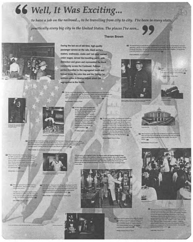 Exhibit guide page with photos and quotes from the Pullman Porters interviews