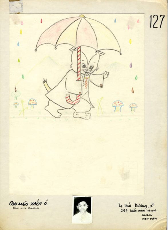 Child's drawing: a smiling cat holding an umbrella in the rain