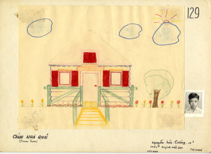 Child's drawing: a house with clouds and a tree