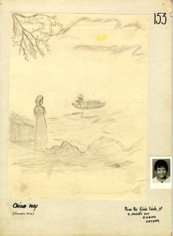 Child's drawing: a woman standing and a person rowing a boat