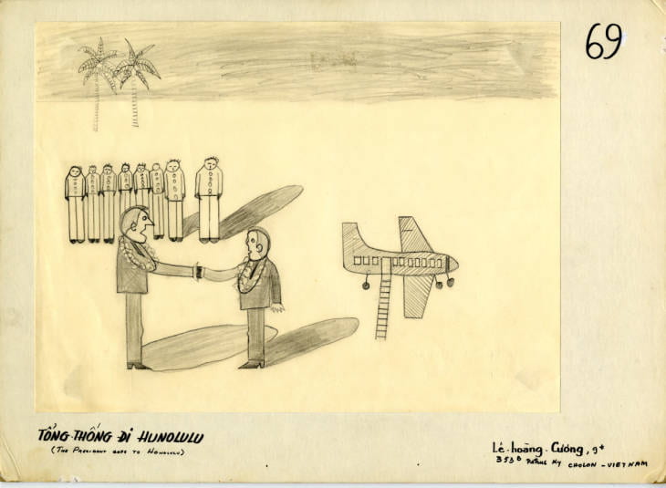Children's drawing: two men shake hands with soldiers and a plane in the background