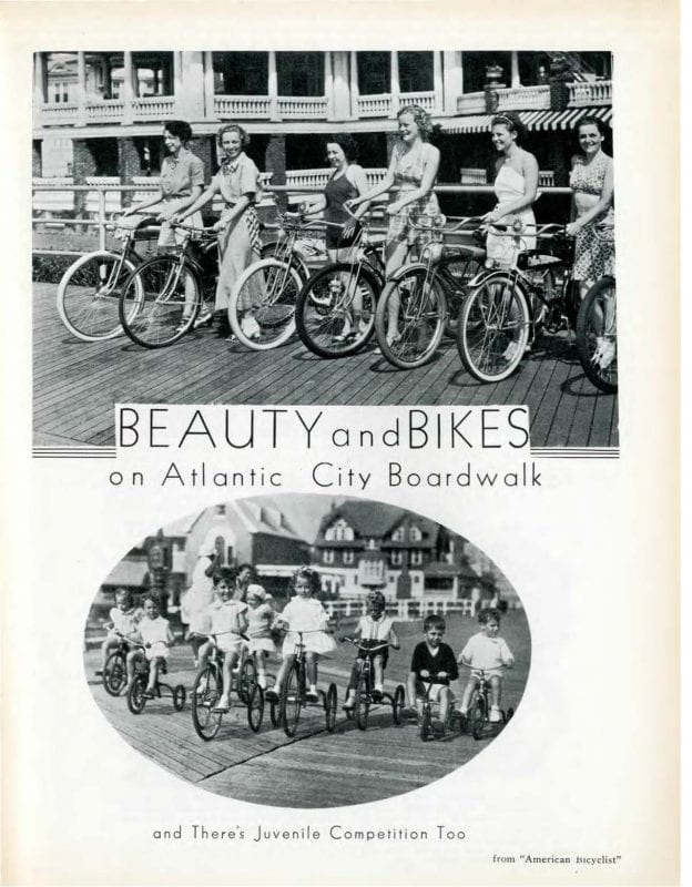 Two black and white photographs of women and children on bicycles.