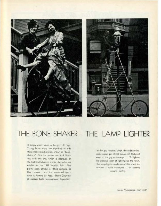 One black and white photograph of two women next to a "Bone Shaker" bicycle and one black and white photograph of a man on a "Lamp Lighter" bicycle.