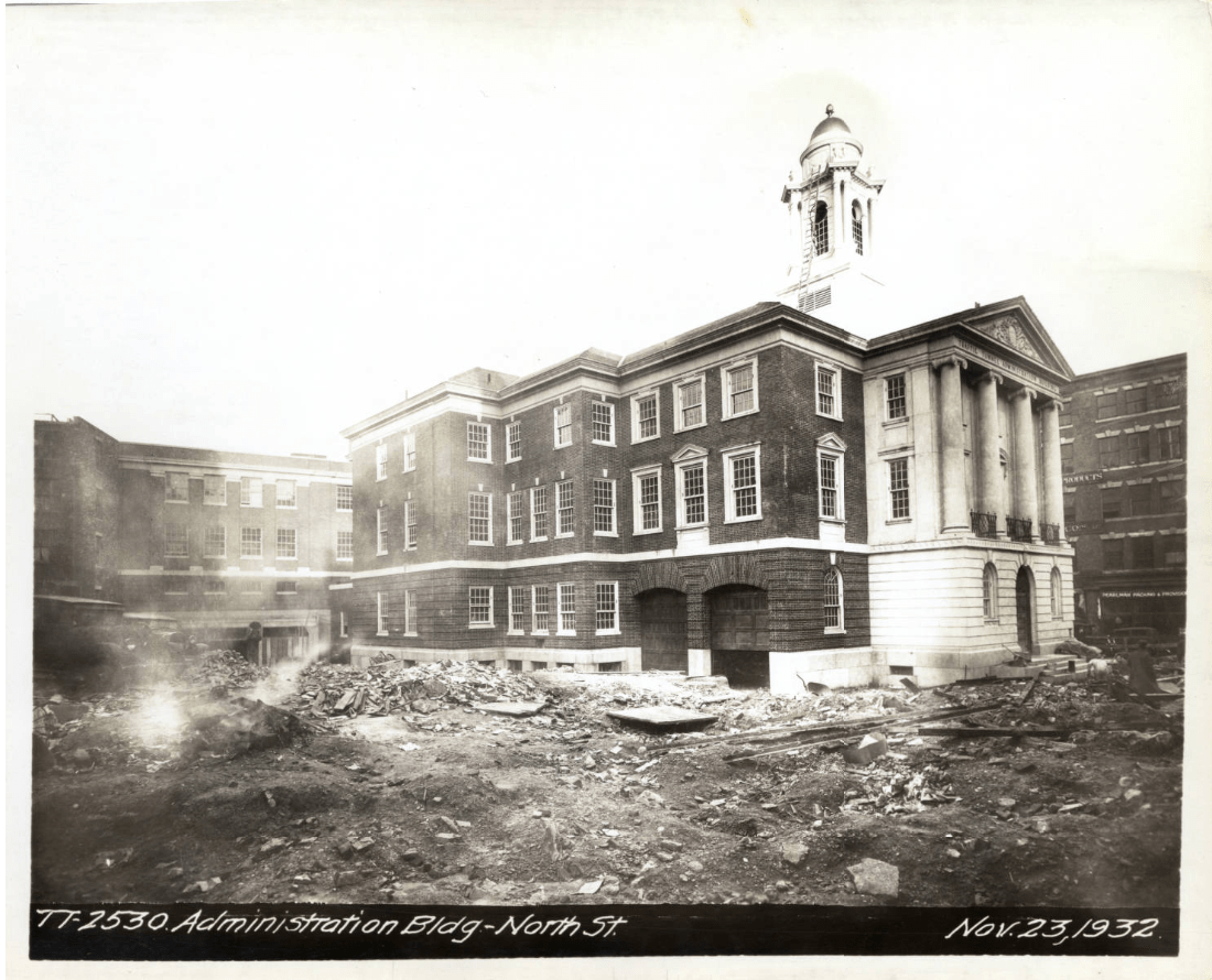 Black-and-white photo of the exterior of the Administration Building on North Street