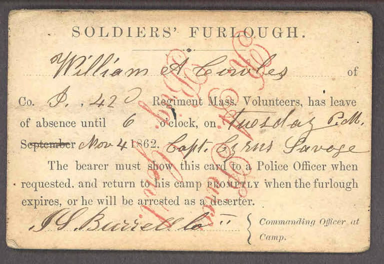 Solider's furlough card with handwritten information on William Cowles