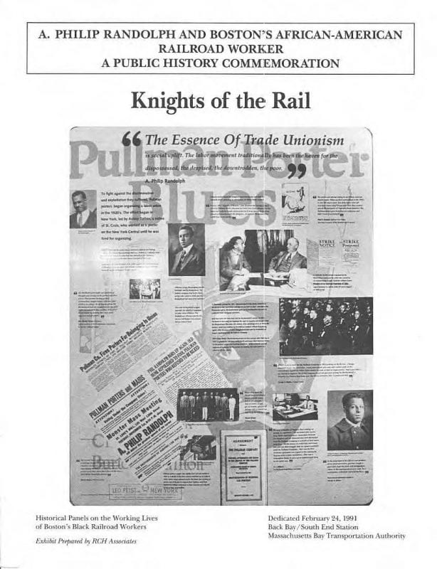 Image of the “Knights of the Rail” exhibit program which depicts photos of railway workers, Phillip Pullman, and more overlaid over text.