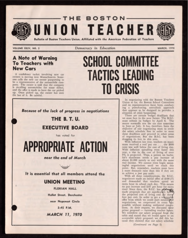 Image of 1970 Issue of the Boston Union Teacher that includes a headline reading "School Committee Tactics Leading to Crisis"