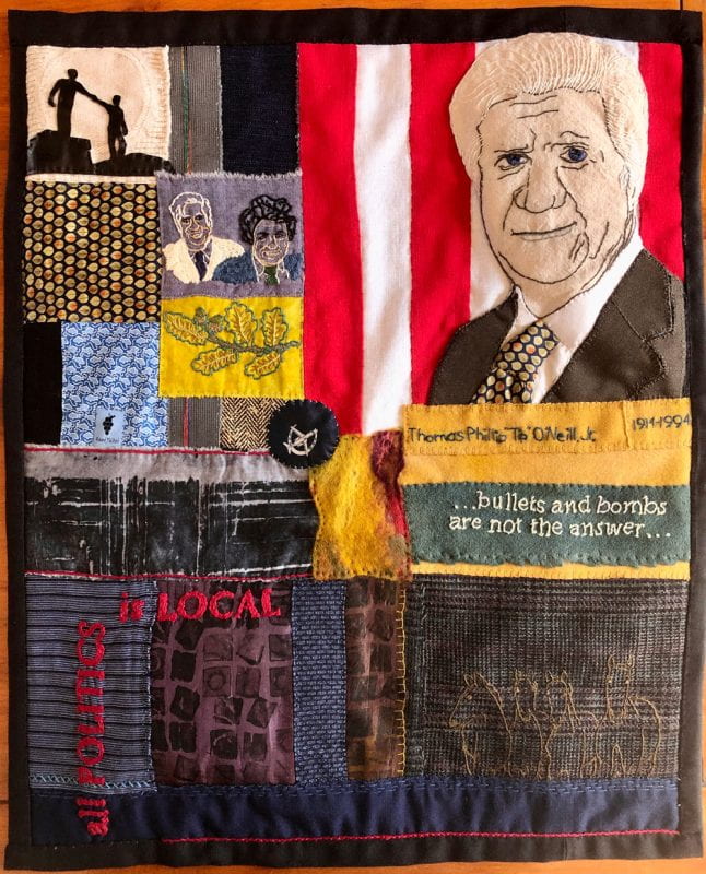 Tip O’Neill, by Lisa Raye Garlock, 2023. Recycled, hand-printed, and hand-dyed fabrics (cotton, linen, silk, wool), Irish linen, felt, and neckties (provided by the O’Neill family), Conflict Textiles collection. (Photo: Lisa Raye Garlock)
