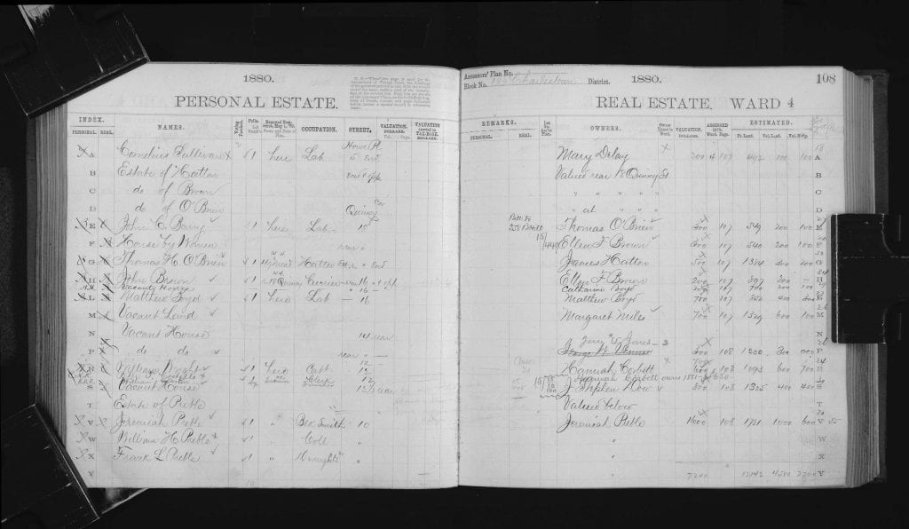 Two pages of 1880 real estate tax records from the City of Boston Archives.
