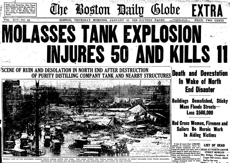 Front page article from the Boston Daily Globe with photograph of molasses flood destruction.