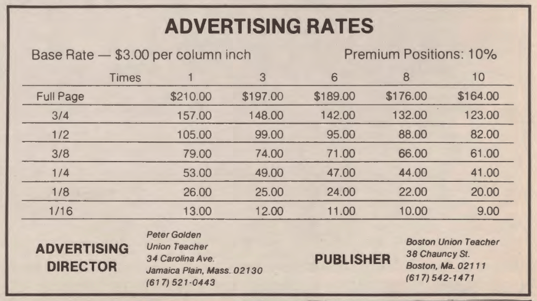 Rectangular newspaper posting giving the advertising rates for the Boston Union Teacher. Base Rate is $3 per column inch. Advertising director was Peter Golden.