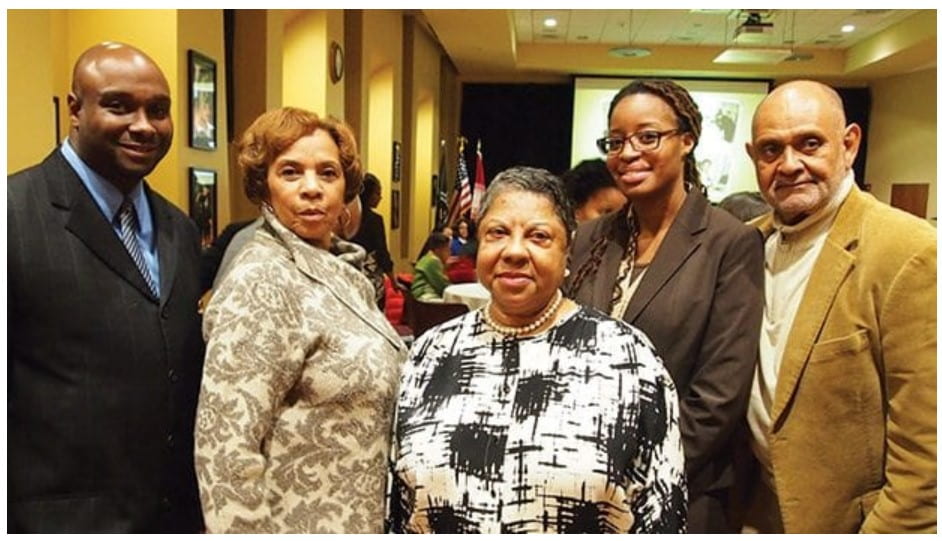 BEAM members Johnny McInnis, Nancy Dickerson, Barbara Field, Adrianne Level, and Bob Marshall at the group’s 50th anniversary gala in 2015. All are standing together, facing the camera. Image courtesy of the Bay State Banner, Dec. 16, 2015.