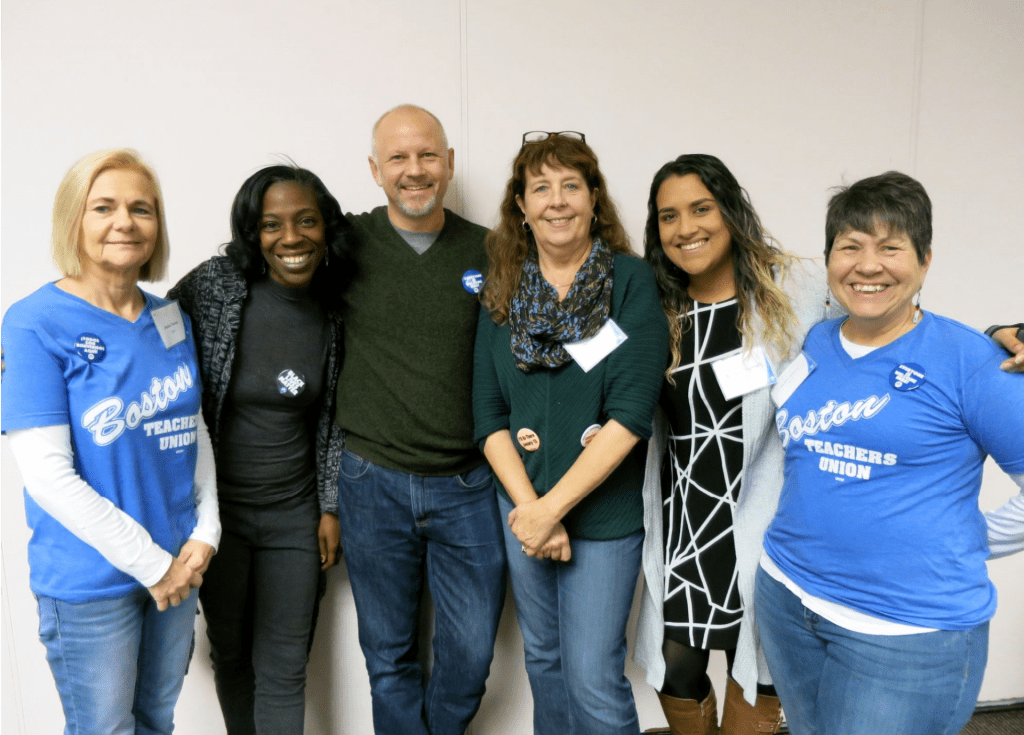 Six smiling Boston teachers at the BTU digitizing day, 2018.