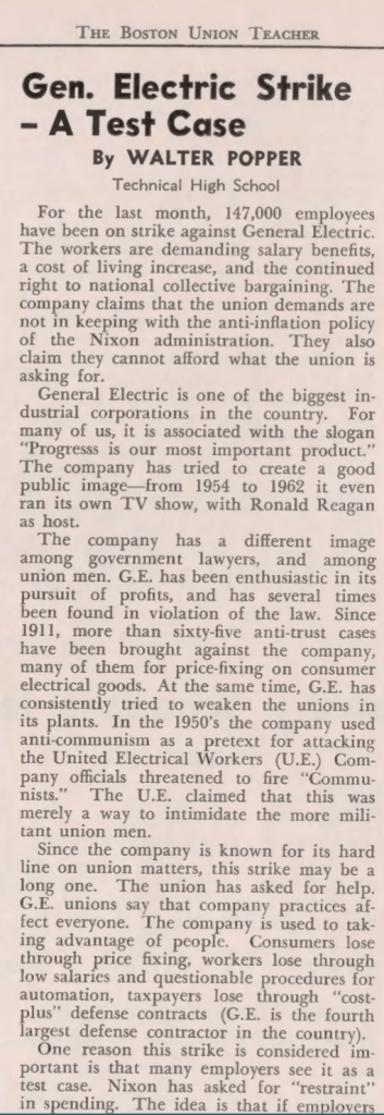 Image of an article title "Gen. Electric Strike - A Test Case" from the December 1969 issue of the Boston Union Teacher