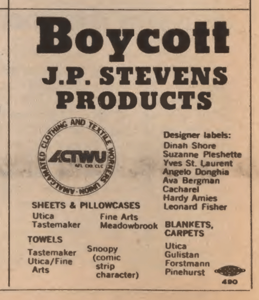 Advertisement to Boycott J.P. Stevens products from the February 1980 issue of the Boston Teacher Union