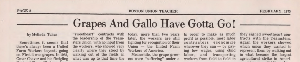 Article with the headline "Grapes and Gall Have Gotta Go!" from the February 1975 issue of the BTU