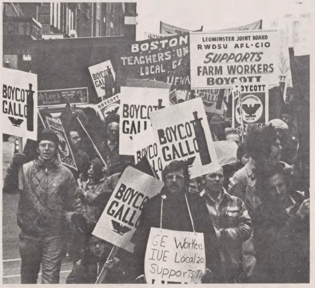 Image of people standing on a picket line holding signs in support of the United Farm Workers from the February 1975 issue of the Boston Union Teacher
