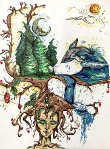 A hand-drawn image of a woman with tree roots and nature emerging from her head