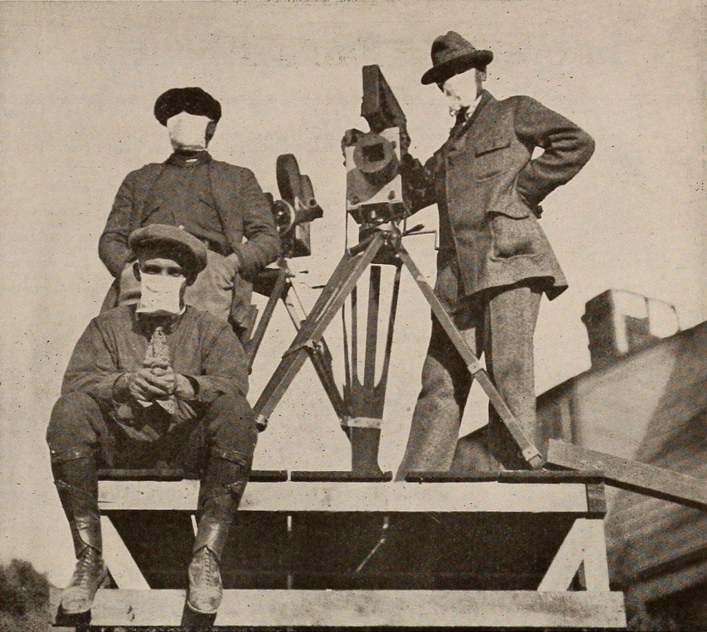 Silent cameramen wearing face masks during the 1918 flu pandemic