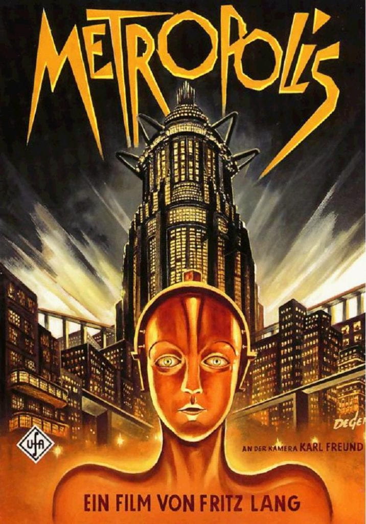 Metropolis promotional poster - depicts robot woman in from of skyscrapers, with the word METROPOLIS overhead