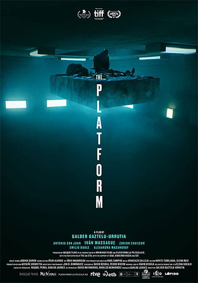 The Platform movie poster shows 2 men in shadowy surrounding on a floating platform, above the words "The Platform"