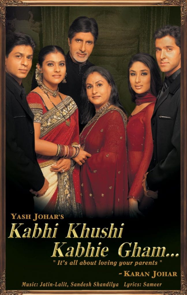a family group of 6 people stands together with the movie title Kabhi Khushi Kabhie Gham below them