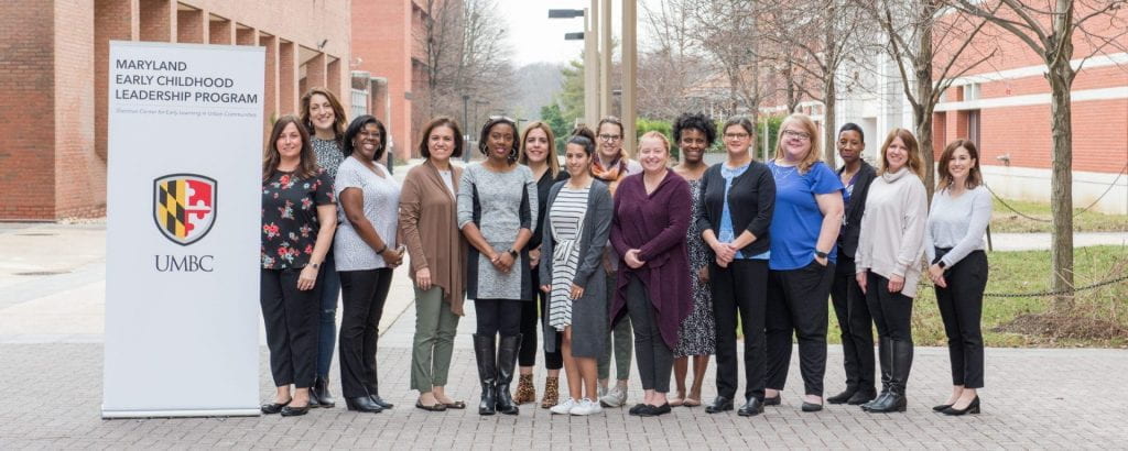 Below: Leadership Institute Executive Director and Professor Anne Douglass (fifth from right) and Leadership Institute Deputy Director Amanda Wiehe Lopes (fourth from right) with MECLP's first cohort of Early Education Leadership Fellows.  