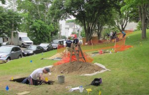 The excavation area at the edge of Burial Hill.