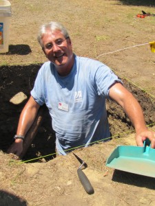 David Landon excavating on Burial Hill in PLymouth in 2014