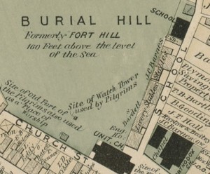 A section of the 1874 Beers map of Plymouth showing the former buildings along School Street at the edge of the cemetery. 