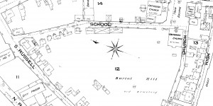 A section of the 1885 Sanborn map showing buildings on School Street.  Note that some buildings have been demolished since the 1874 map and others have been reconfigured.