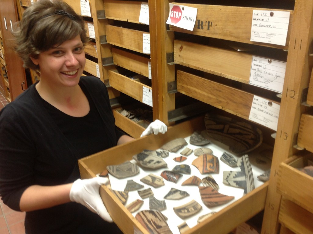 Lindsay with collections from Pecos, New Mexico, excavated by Alfred Kidder and curated at the Peabody Museum in Andover.