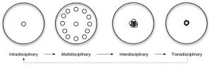 A modified illustration of Alexander Jensenius’ “Disciplinarities” discussion. Small circles and their placement represent the interaction of academic studies according to each disciplinarity.