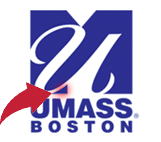 Old UMass Boston logo with a specific spot highlighted, which does not exist on the current logo